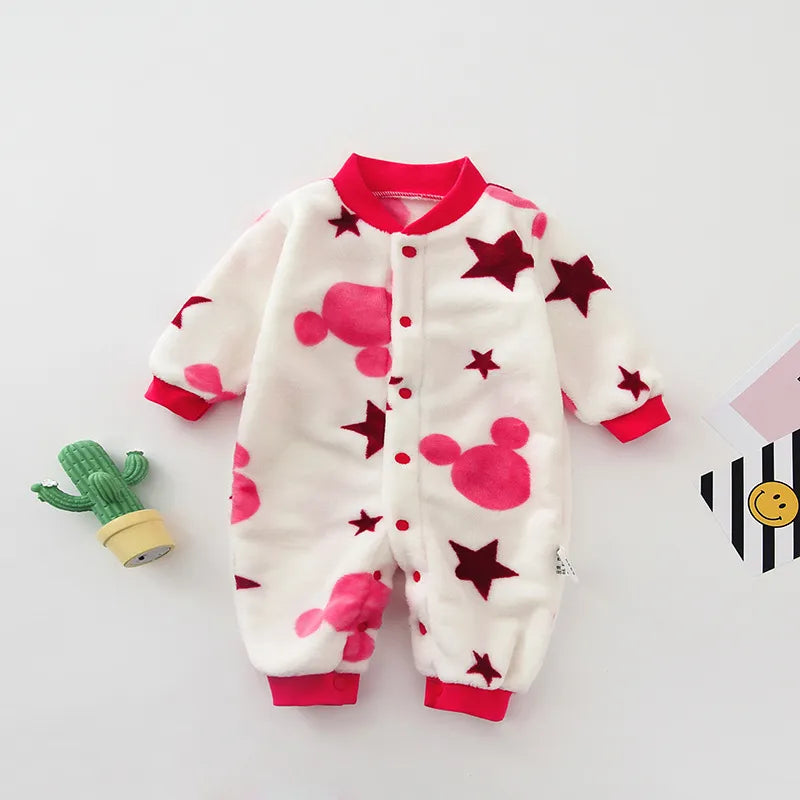 Flannel Long Sleeve Cartoon Jumpsuit - Warm Winter Infant Romper for Baby Boys and Girls
