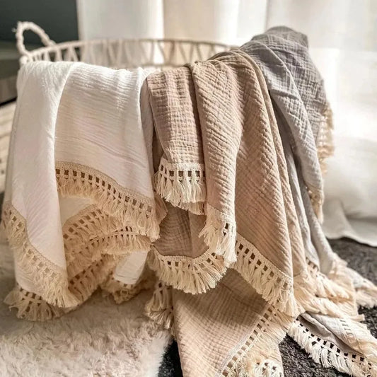 Newborn Baby Tassel Receiving Blanket - Muslin Cotton Baby Blankets, Infant Fringe Swaddle Blanket, Babies Sleeping Quilt Bed Cover