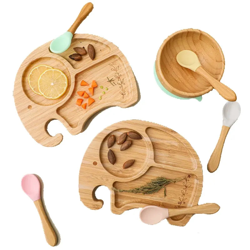 Natural Bamboo Baby Weaning Set with Suction Base - Wooden Plates and Utensils Included