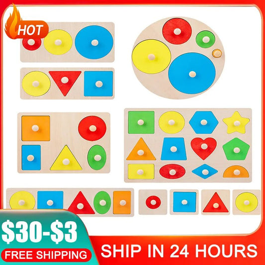 Geometric Shape Wooden Jigsaw Puzzle for Kids Three-Dimensional Hand Grabbing Board Children Early Educational  Toys