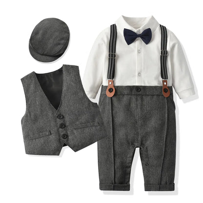 Newborn Boy Formal Clothes Set - Gentleman Birthday Romper Outfit with Hat, Vest, and Long Sleeve Jumpsuit Suit