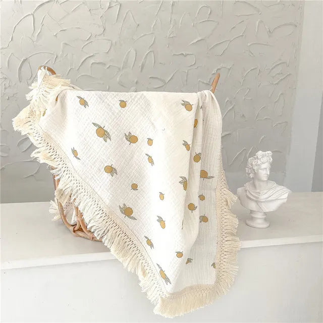 Newborn Baby Tassel Receiving Blanket - Muslin Cotton Baby Blankets, Infant Fringe Swaddle Blanket, Babies Sleeping Quilt Bed Cover