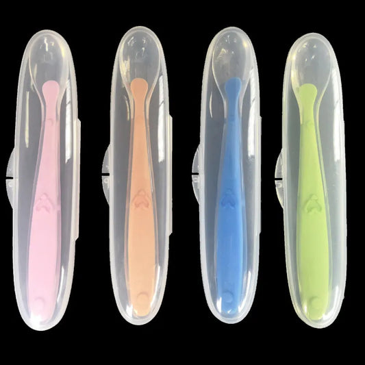 Baby Soft Silicone Spoon with Storage Box Candy Color Temperature Sensing Spoon Children Food Feeding Dishes Feeder Appliance