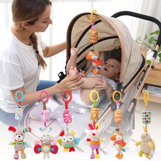 Soft Sensory Hanging Rattles - Plush Animals for Stroller, Crib, and Teething - Babies and Toddlers