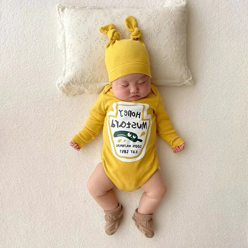 Korean Fruit Letter Print Newborn Baby Bodysuit Onesie with Hat - Spring Harbin Clothing for Boys