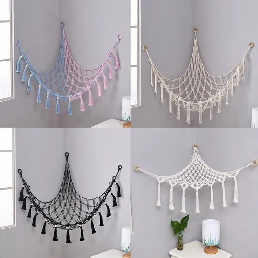 Boho Corner Hammock for Stuffed Animals and Baby Toys - Stylish Wall Hanging Storage Organizer with Woven Cotton Rope Mesh Bag