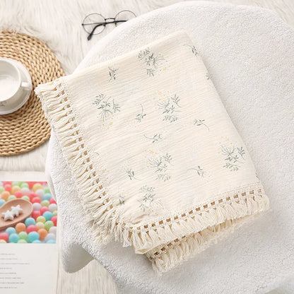 Newborn Baby Tassel Receiving Blanket - Muslin Cotton Baby Blankets, Infant Fringe Swaddle Blanket, Babies Sleeping Quilt Bed Cover