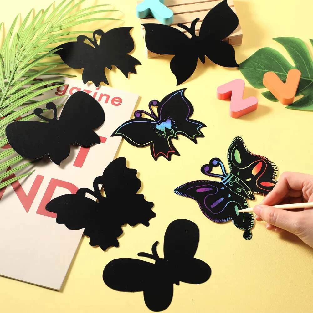 6/12Pcs Set Magic Scratch Art Butterfly Scratch Drawing Paper Bookmarks Kids Painting Book Creative Card Sticker Educational Toy