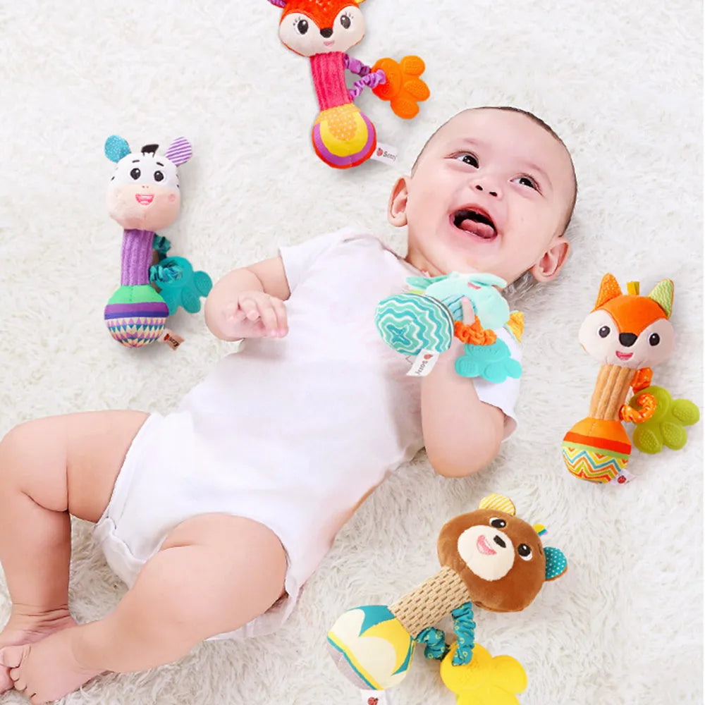 Baby Rattles Soft Stuffed Animal Rattle Hand Grip Baby Toys Shaker Crinkle Squeaky Sensory Travel Accessories for Toddler Gifts