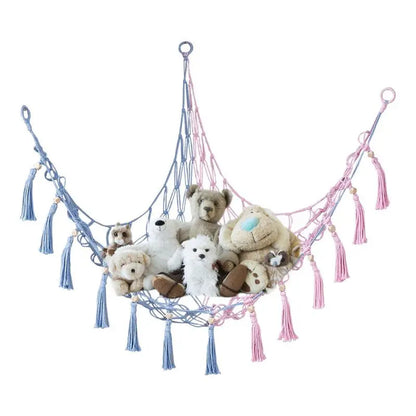 Boho Corner Hammock for Stuffed Animals and Baby Toys - Stylish Wall Hanging Storage Organizer with Woven Cotton Rope Mesh Bag