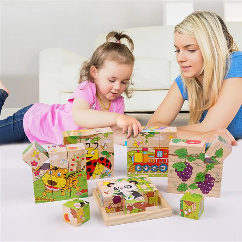 Baby Wooden Blocks Toys Children Six Side Cube Jigsaw Puzzles Game Animal Fruit Traffic Cognize Early Learning Educational Toys