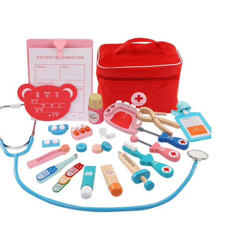 Kids Wooden Doctor Pretend Play Set - Red Medical Kit Toys for Girls and Boys