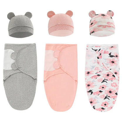 Cotton Newborn Sleepsack Baby Swaddle Blanket Set with Hat - Adjustable Infant Sleeping Bag Muslin Blankets 0-6M (1/2PCS)